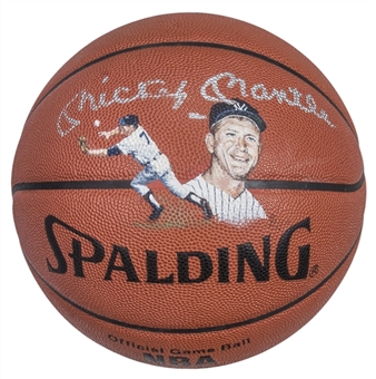 Mickey Mantle Signed Official NBA Game Basketball with Original Painted Portrait - Possibly One of a Kind! (JSA)